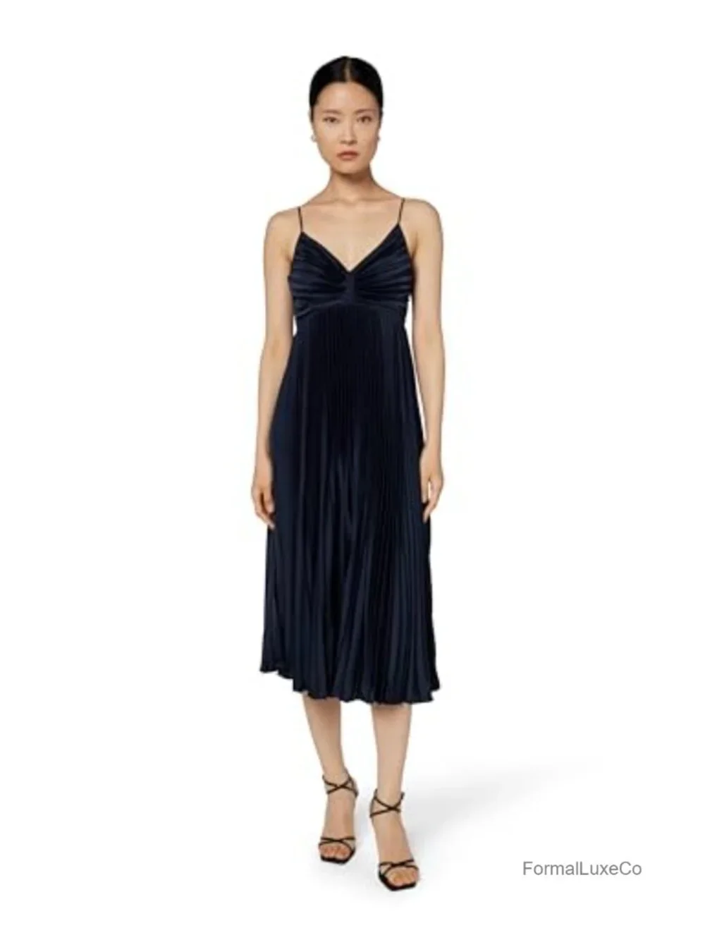 Pleated Satin A-Line Midi Dress Sleeveless V-Neck One Shoulder Back